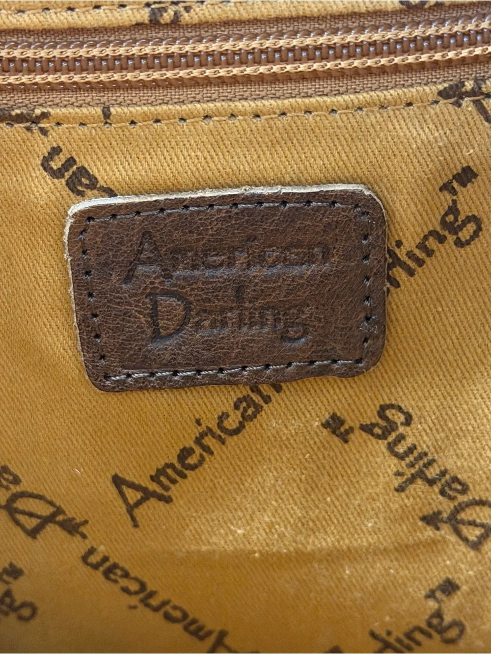 American Darling Brown Leather Patch Tote with Mustard Lining